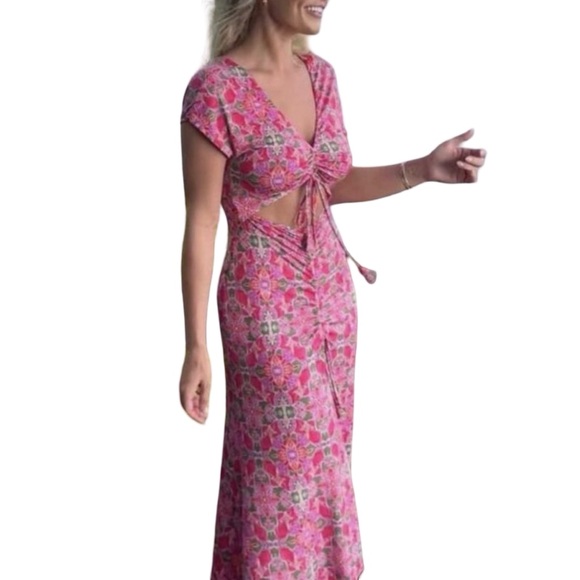 Misa Los Angeles Pink‎ Carlotta Ruched Maxi Dress Plunge Neckline Cutouts M - Picture 1 of 15
